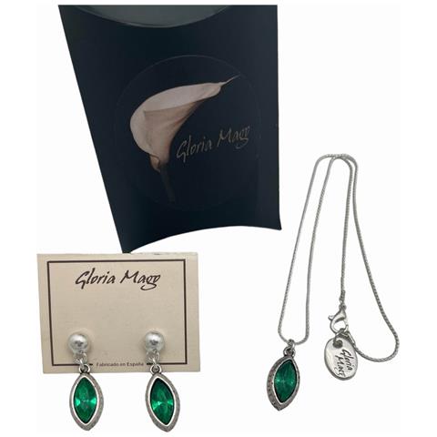 Ciondolo A Goccia E Orecchini In Zama Placcata In Argento Sterling E Cristallo Verde Sfaccettato - Foto 1