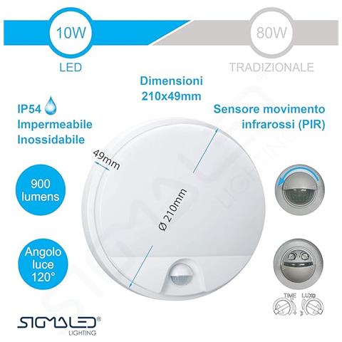 Plafoniera Led 10w Con Sensore Di Movimento Pir - Ip54 Resistente All'acqua - Luce Bianca Calda 3000k - 900 Lumen - Plafoniera Tonda Impermeabile Da Parete Per Esterno O Interno - Foto 1