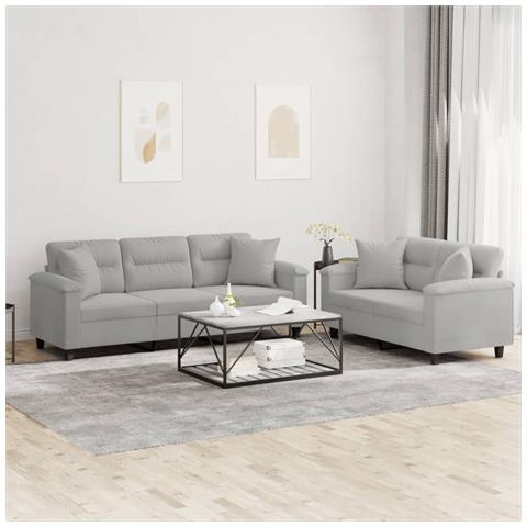 Set Divani 2 pz con Cuscini Grigio Chiaro in Tessuto Microfibra - Foto 2