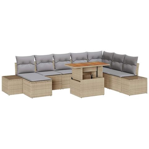 Set da Pranzo da Giardino 9 Pezzi con Cuscini Beige in Polyrattan e Acacia - Foto 1
