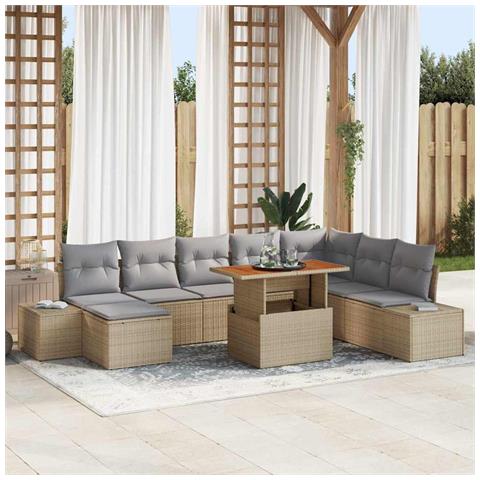 Set da Pranzo da Giardino 9 Pezzi con Cuscini Beige in Polyrattan e Acacia - Foto 2