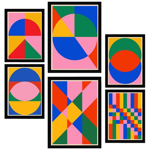 Set Di 6 Stampe Dipinto Decorativo Geometrico Bauhaus A Colori Con Cornice E Illustrazioni Di Design Per Le Pareti A3 & A4 Cornice Nera - Foto 1