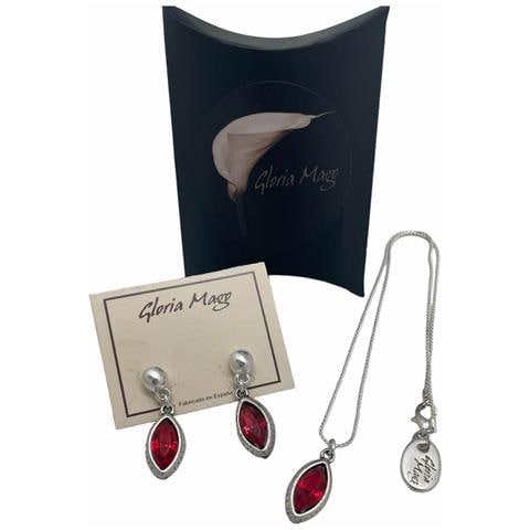 Set Di Ciondolo E Orecchini A Goccia In Zama Placcata In Argento Sterling E Cristallo Rosso Sfaccettato - Foto 1