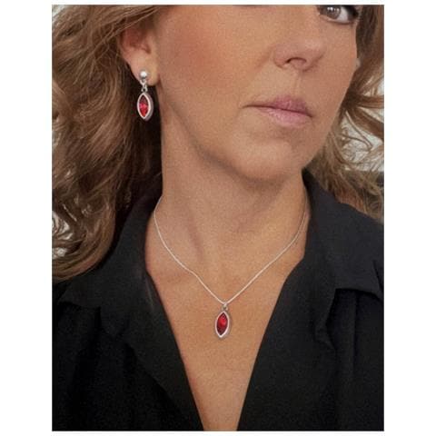 Set Di Ciondolo E Orecchini A Goccia In Zama Placcata In Argento Sterling E Cristallo Rosso Sfaccettato - Foto 3