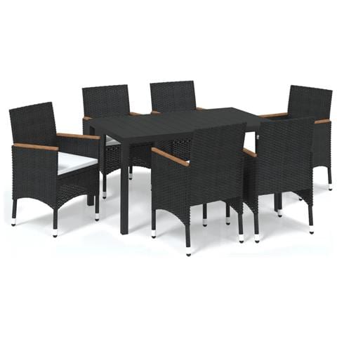 Set Da Pranzo Per Giardino 7 Pz Con Cuscini Polyrattan Nero - Foto 1