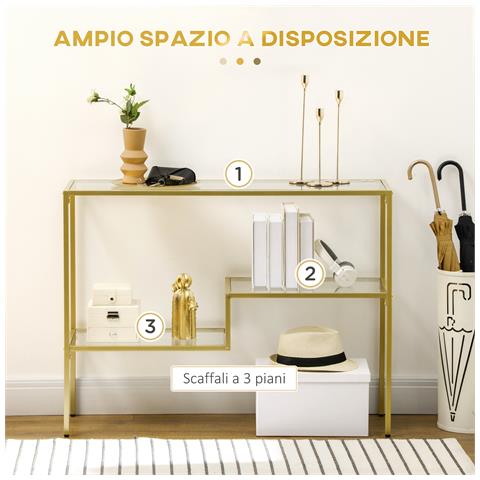 Consolle Da Ingresso A 3 Ripiani In Acciaio E Vetro Temperato, 100x32x76 Cm, Oro - Foto 2