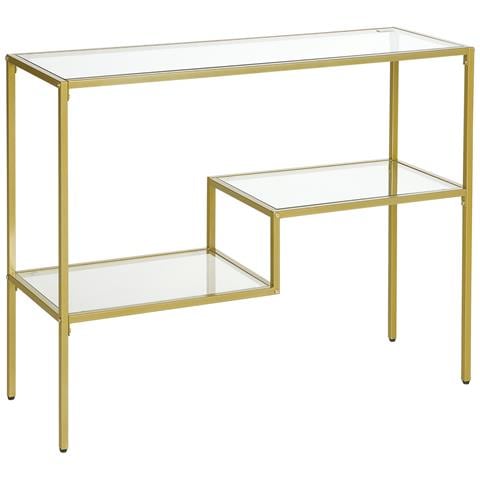 Consolle Da Ingresso A 3 Ripiani In Acciaio E Vetro Temperato, 100x32x76 Cm, Oro - Foto 1