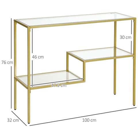 Consolle Da Ingresso A 3 Ripiani In Acciaio E Vetro Temperato, 100x32x76 Cm, Oro - Foto 6