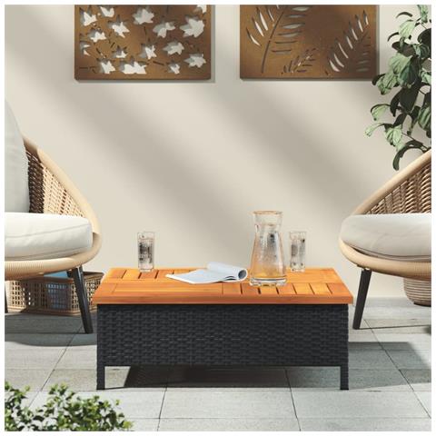 Tavolo Da Giardino In Rattan E Legno Di Acacia - Nero, 70x70 Cm, Con Foro Per Ombrellone, Perfetto Per Esterni