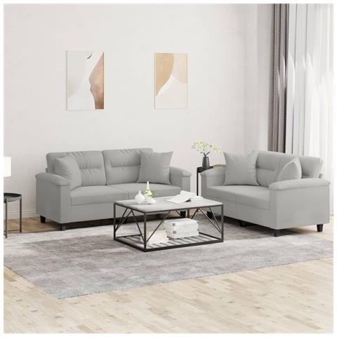 Set Divani 2 pz con Cuscini Grigio Chiaro in Tessuto Microfibra - Foto 2