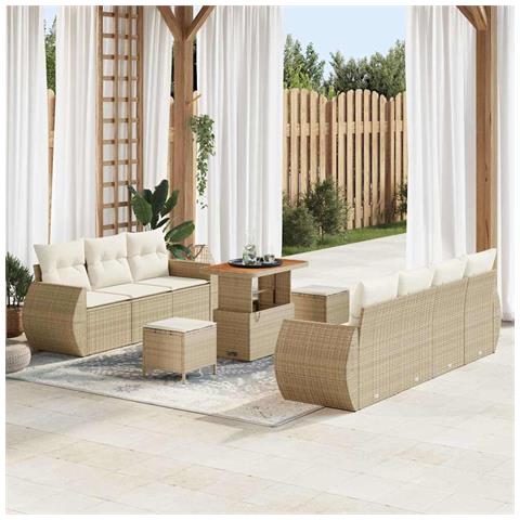 Set di Divani da Giardino in 10 Pezzi con Cuscini Beige in Rattan PE e Acacia,  Set da Pranzo da Giardino in 3 Pezzi con Cuscini Beige in Rattan PE e Acacia - Foto 2