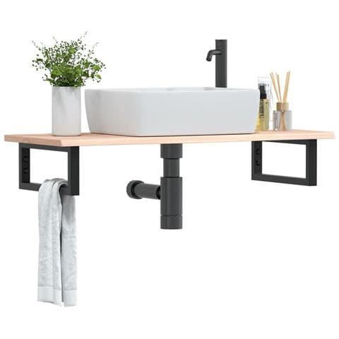 Ripiano a Parete per Lavabo in Acciaio e Massello di Rovere - Foto 2