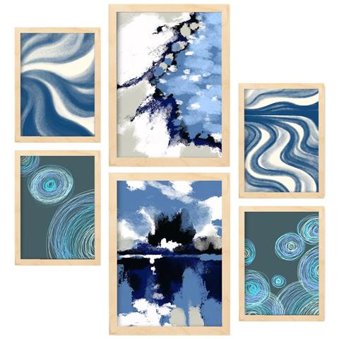 Set Di 6 Stampe Vecchie Valigie Blu Su Sfondi Astratti, Dipinti Decorativi Estetici Per Il Tuo Soggiorno A Casa A3 & A4 Telaio In Legno Chiaro - Foto 1