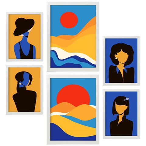 Set Di 6 Stampe Ragazzi Del Deserto In Dipinti Decorativi Estetici Astratti Femminili Per Il Tuo Soggiorno Di Casa A3 & A4 Cornice Bianca - Foto 1