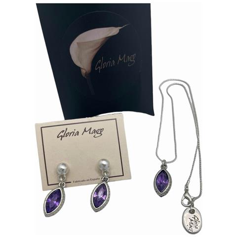 Set Composto Da Pendente E Orecchini A Goccia In Zama Placcata In Argento Sterling E Cristallo Viola Sfaccettato - Foto 1