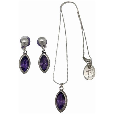 Set Composto Da Pendente E Orecchini A Goccia In Zama Placcata In Argento Sterling E Cristallo Viola Sfaccettato - Foto 2
