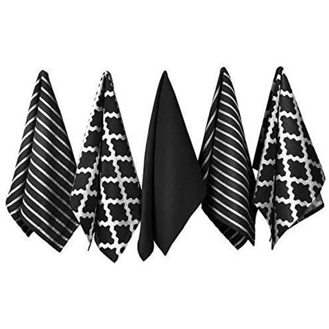 Penguin Casa - 100 Cotone Tea Towel Set Di 5 - Soft - Durevole - Design Elegante Nero Con I Modelli Multipli - Lavabile In Lavatrice - 65 X 45 Centimetri - Foto 1