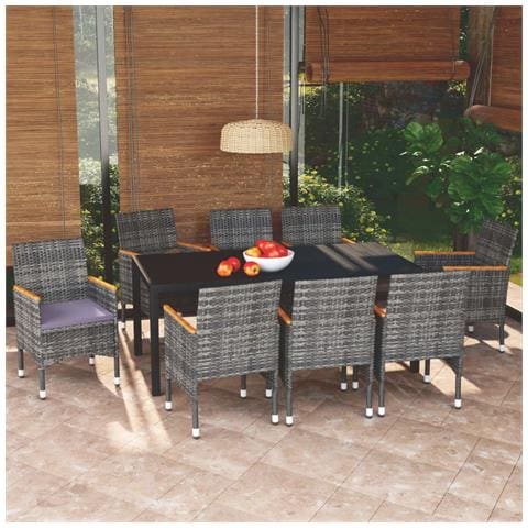 Set Pranzo Da Giardino 9 Pz Con Cuscini In Polyrattan Grigio - Foto 8