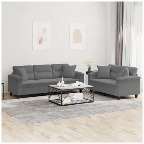 Set Divani 2 pz con Cuscini Grigio Scuro in Tessuto Microfibra - Foto 2