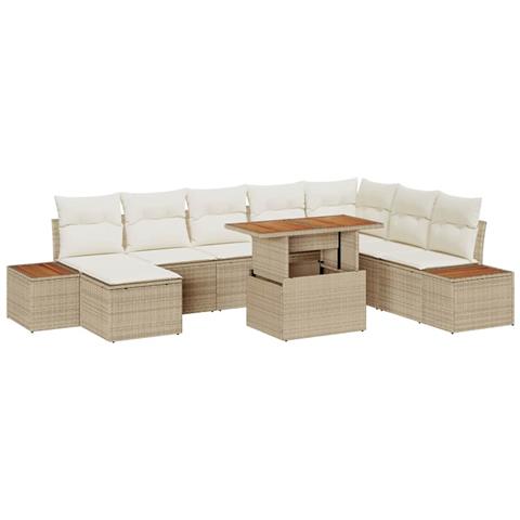 Set da Pranzo da Giardino 9 Pezzi con Cuscini Beige in Polyrattan e Acacia - Foto 1