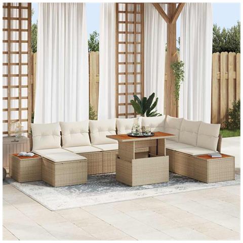 Set da Pranzo da Giardino 9 Pezzi con Cuscini Beige in Polyrattan e Acacia - Foto 2