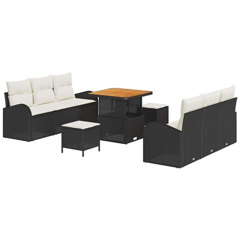 Set di divani da giardino 9 pezzi con cuscini neri polyrattan acacia, Divano da giardino a 2 posti con spazio di stoccaggio e cuscini neri polyrattan, Set di pranzo da giardino 3 pezzi con cuscini neri polyrattan acacia - Foto 1