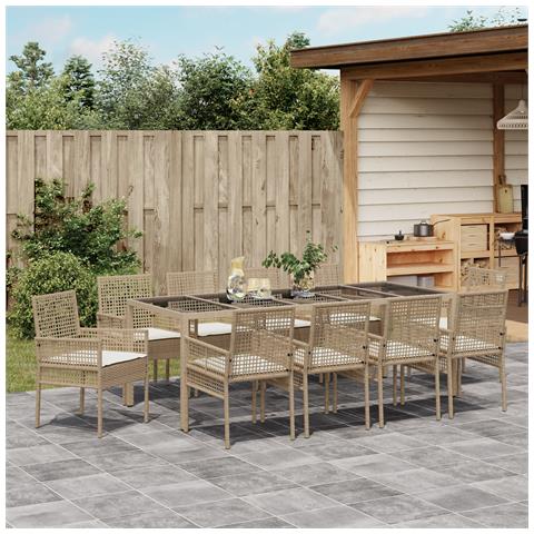 Set da pranzo da giardino in 11 pezzi con cuscini in polyrattan beige - Foto 2