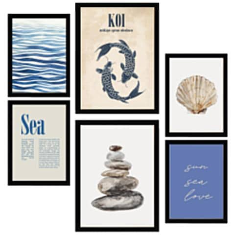 Set Di 6 Stampe Dipinto Decorativo Mare, Oceano, Marina Incorniciato Con Illustrazioni Di Design Per La Decorazione Della Parete A3 & A4 Cornice Nera - Foto 1