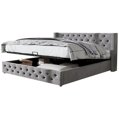 Letto In Velluto Grigio Con Trapuntatura E Contenitore - Foto 1