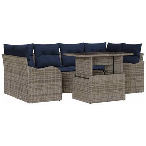 Set Divano da Giardino 7 pz Grigio e Blu Navy polyrattan - Foto 1