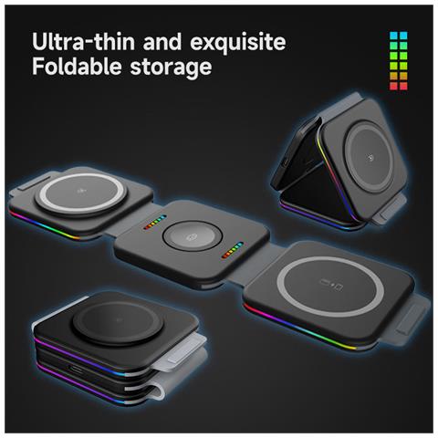 Caricatore Wireless 3 In 1 Stazione Di Ricarica Pieghevole Magnetica Ricarica Rapida Black - Foto 14