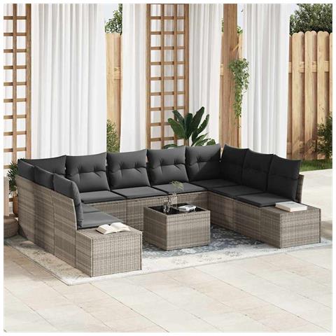 Set di divani da giardino in 10 pezzi con cuscini grigio polyrattan - Foto 2