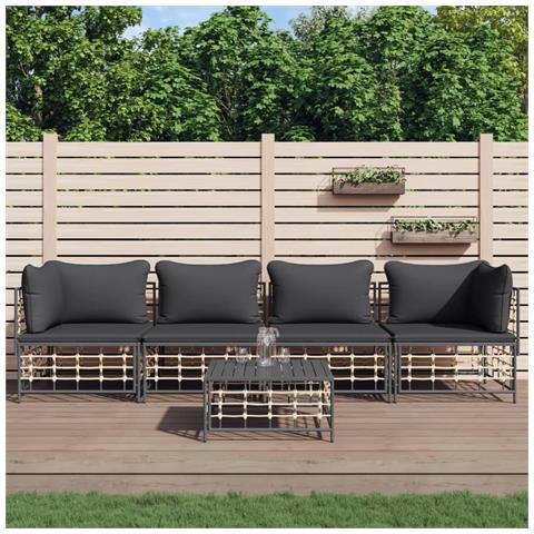 Set Divani da Giardino 5 pz con Cuscini Antracite in Polyrattan - Foto 2