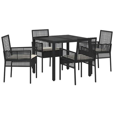 Set da pranzo da giardino in 5 pezzi con cuscini in polyrattan nero - Foto 1