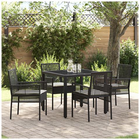 Set da pranzo da giardino in 5 pezzi con cuscini in polyrattan nero - Foto 2