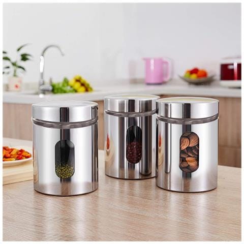 Insieme 5 Barattoli Per Spezie E 3 Contenitori In Acciaio Inox Con Coperchio E Supporto Solido, Argento - Foto 2