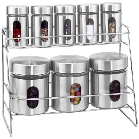 Insieme 5 Barattoli Per Spezie E 3 Contenitori In Acciaio Inox Con Coperchio E Supporto Solido, Argento - Foto 1
