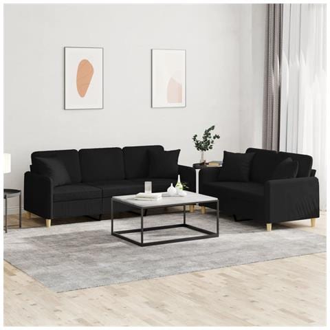 Set Divani 2 pz con Cuscini Nero in Tessuto - Foto 2