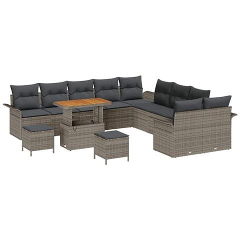 Set di divani da giardino  con cuscini grigio polyrattan acacia 13 pezzi, Divano da giardino  a 2 posti con ripostiglio e cuscini grigio polyrattan, Set da pranzo da giardino  3 pezzi con cuscini grigio polyrattan acacia - Foto 1