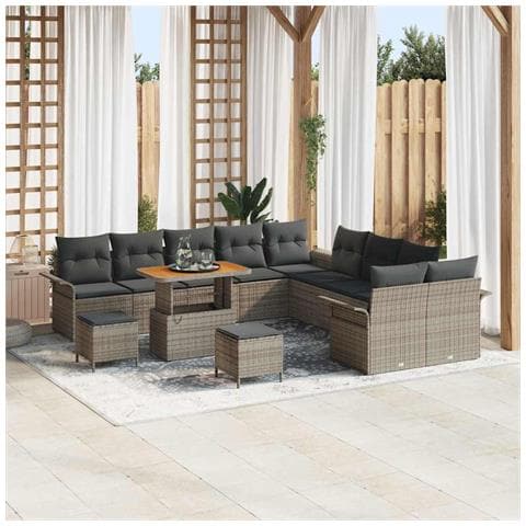 Set di divani da giardino  con cuscini grigio polyrattan acacia 13 pezzi, Divano da giardino  a 2 posti con ripostiglio e cuscini grigio polyrattan, Set da pranzo da giardino  3 pezzi con cuscini grigio polyrattan acacia - Foto 2