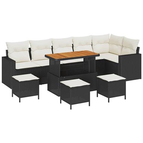 Set Divano da Giardino con Cuscini 10 Pezzi Nero Polyrattan Acacia, Set da Pranzo da Giardino 4 Pezzi con Cuscini Nero Polyrattan Acacia - Foto 1