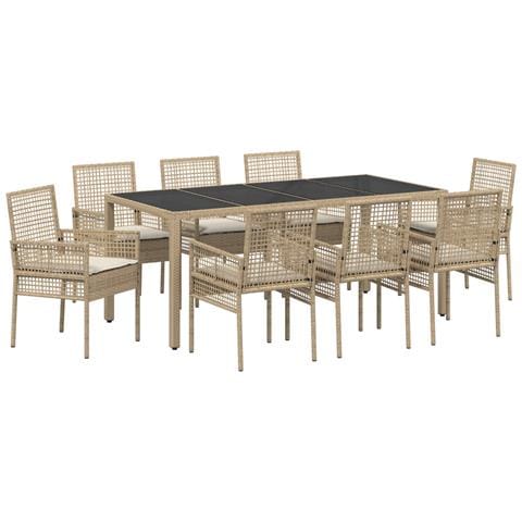 Set da Pranzo da Giardino 9 Pezzi con Cuscini Beige in Polyrattan - Foto 1