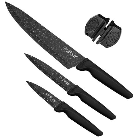 Set Di 4 Coltelli Da Chef Da Cucina Rivestimento In Marmo Con Affilatore, Nero - Foto 1