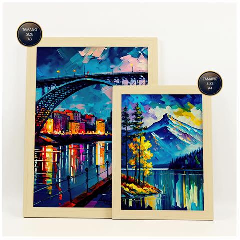 Set Di 6 Stampe Arcobaleno In Stile Dipinto A Olio. Illustrazioni Di Monumenti E Città In Stile Fotografico A Colori. A3 & A4 Telaio In Legno Chiaro - Foto 2