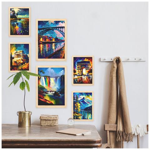 Set Di 6 Stampe Arcobaleno In Stile Dipinto A Olio. Illustrazioni Di Monumenti E Città In Stile Fotografico A Colori. A3 & A4 Telaio In Legno Chiaro - Foto 5