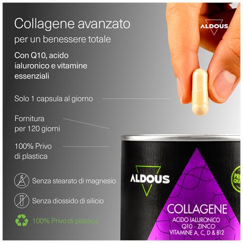 Collagene Idrolizzato Con Acido Ialuronico, Coenzima Q10, Zinco E Vitamine Aldous | 120 Capsule - Foto 2