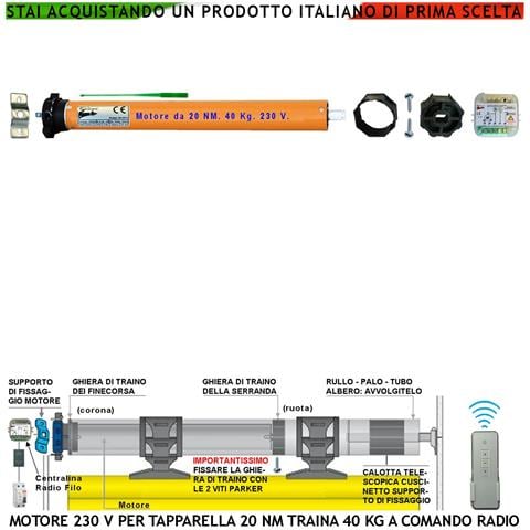 Serranda Avvolgibile 40 Kg Kit Motore 230 V 140 W 20 Nm Con Centrale Comando Radio Sistema Blocco Sollevamento Telo Fi - Foto 1