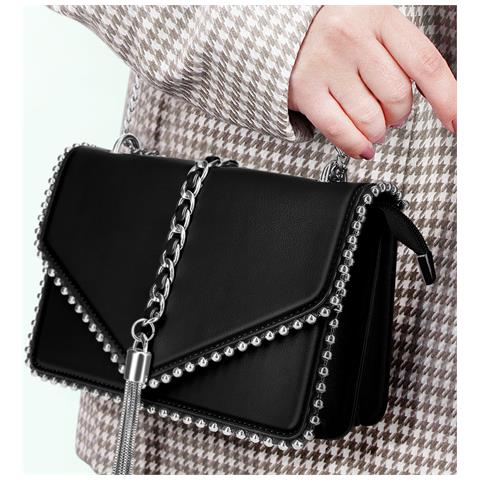 Borsa Trendy Con Manico In Similpelle E Catena Metallica, Nero - Foto 2