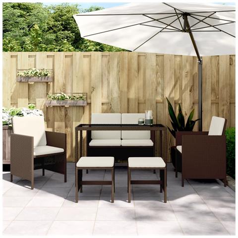 Set Da Pranzo Da Giardino 6pz Con Cuscini In Polyrattan Marrone - Foto 1