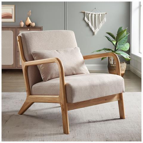 Poltrona Vintage Scandinava Marie Lino Beige E Legno - Foto 1